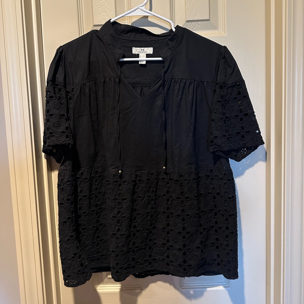 Halston Women's Eyelet Short Sleeves Blouse Black Boho